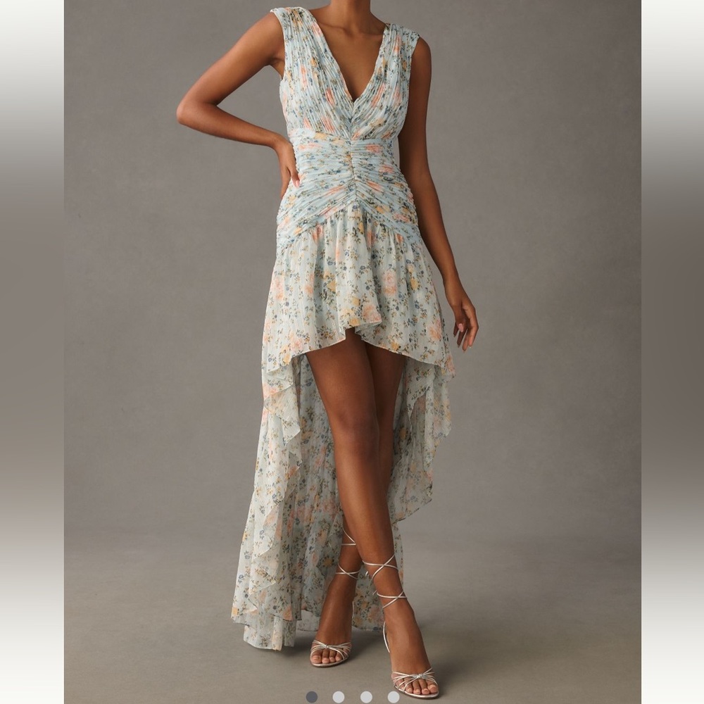 Mac Duggal Ruched Floral Cap-Sleeve High-Low Gown